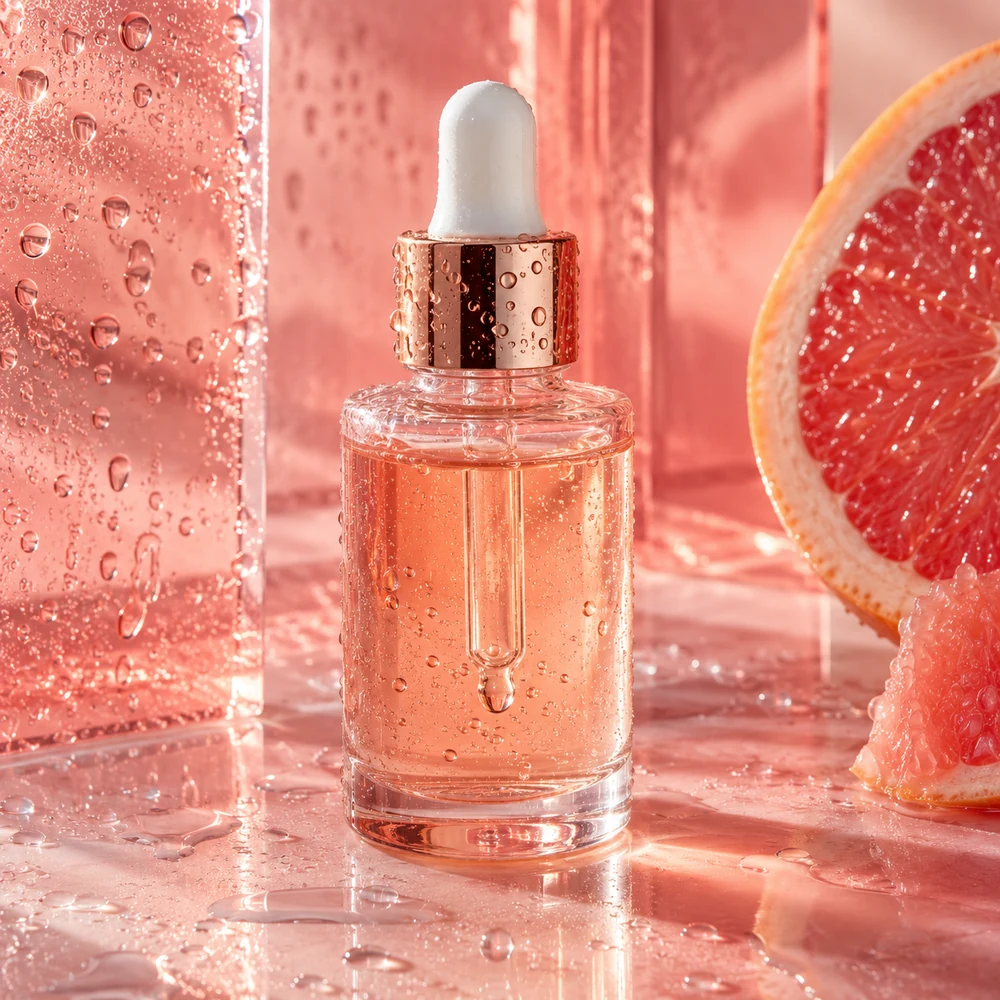 A glass skincare serum bottle on pink glass beside a grapefruit