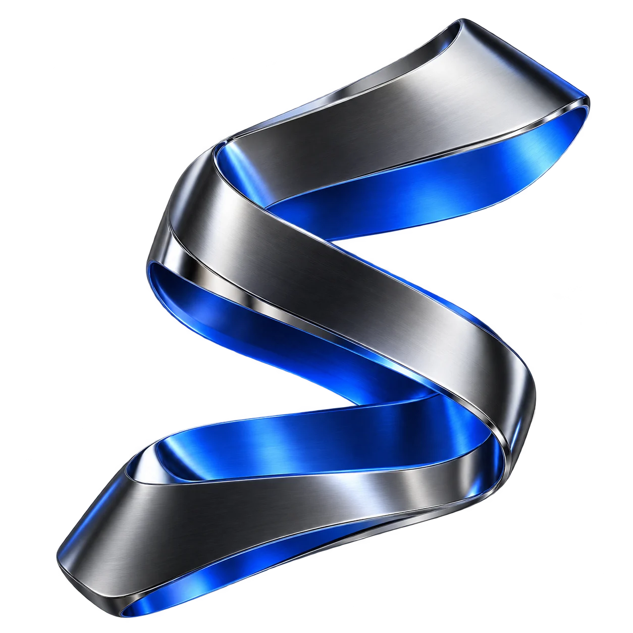 An abstract S sculpted from brushed chrome and electric blue ribbon